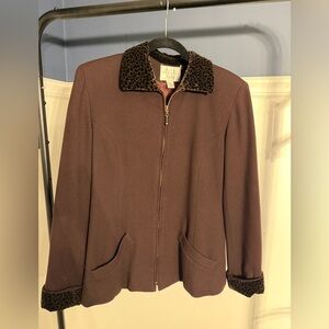 Vintage 90s Express Wool Blend Brown Zip Blazer Leopard Print Collar and cuffs